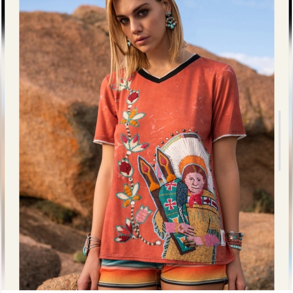 Double D Ranch Madonna of the Plains top beaded embroidered art to wear S EUC